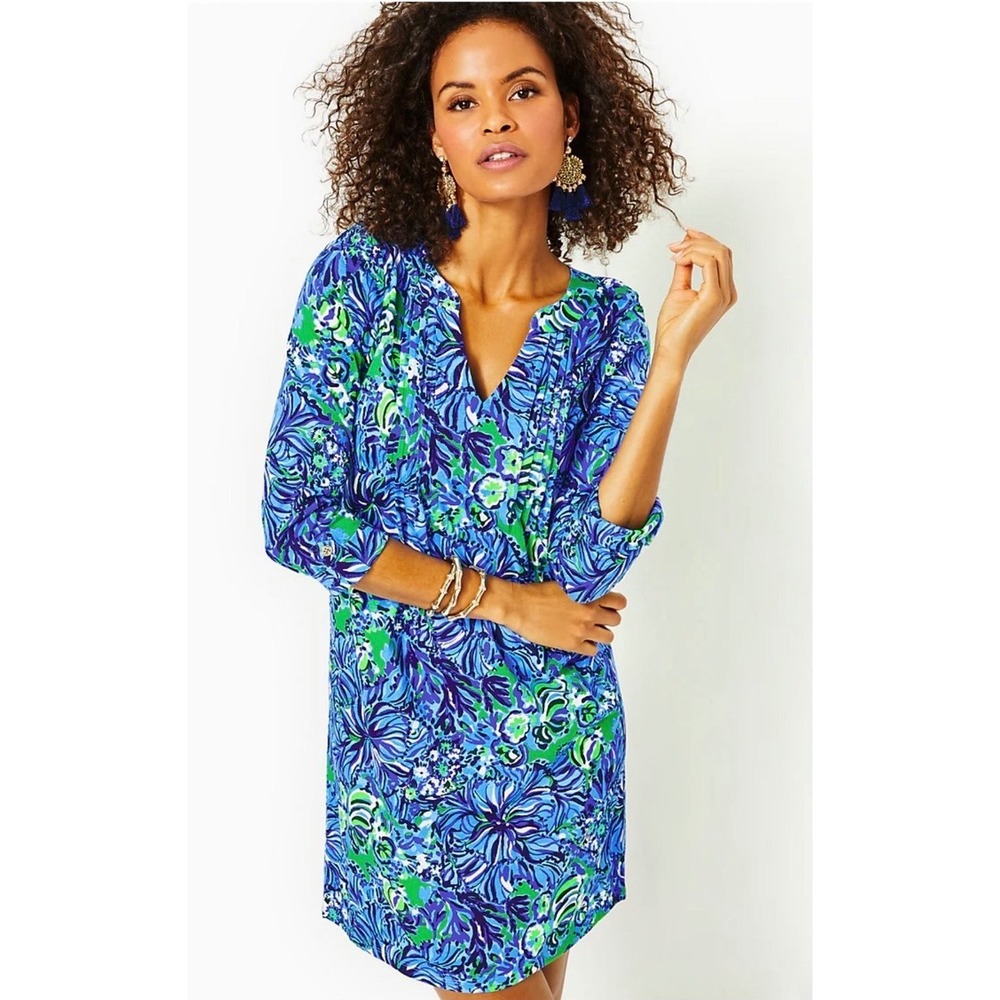 Lilly Pulitzer Shift Dress Women Large Blue Green Floral Cotton Pintuck V-Neck